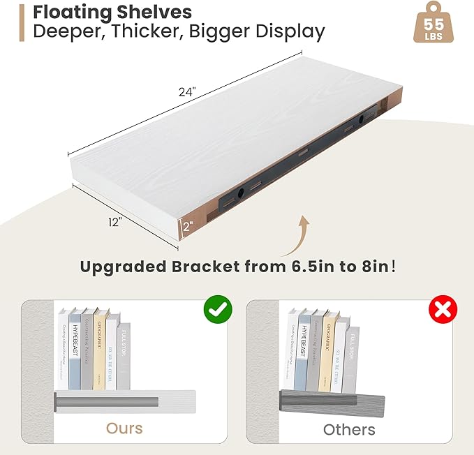 Heimlove 24 x 12 Inch Deep Floating Shelves Wall Mounted with Invisible Brackets, Storage Hanging Shelf for Wall Decor in Bathroom, Bedroom, Toilet, Kitchen, Living Room, Office, Set of 2, White