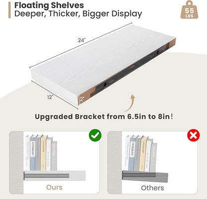 Heimlove 24 x 12 Inch Deep Floating Shelves Wall Mounted with Invisible Brackets, Storage Hanging Shelf for Wall Decor in Bathroom, Bedroom, Toilet, Kitchen, Living Room, Office, Set of 2, White