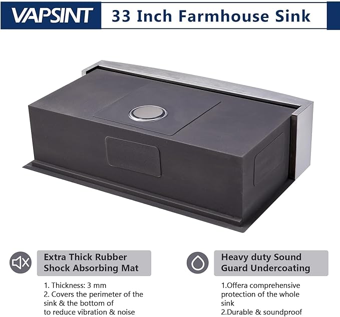 VAPSINT 33 Inch Farmhouse Kitchen Sink, 33x20x9 Inches Stainless Steel Undermount 16 Gauge Deep Single Bowl Apron Front Workstation Ledge Farm Sink with Accessories