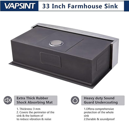 VAPSINT 33 Inch Farmhouse Kitchen Sink, 33x20x9 Inches Stainless Steel Undermount 16 Gauge Deep Single Bowl Apron Front Workstation Ledge Farm Sink with Accessories