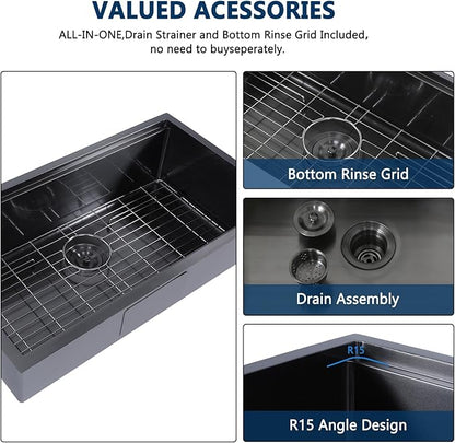 HOTIS 32 Inch Black Undermount Kitchen Sink Workstation, 32x18 Inch Large Outdoor Single Bowl Prep Sink, Stainless Steel T304 16 Gauge Deep Kitchen Sinks with Cutting Board Accessories