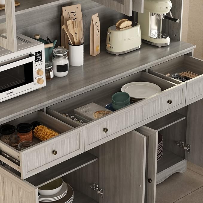 FUFU&GAGA 74.8" Tall Kitchen Pantry Cabinet with 5 Tiers Shelf, 8 Doors & 3 Drawers & Microwave Stand, Freestanding Hutch Cabinet with Buffet Cupboard for Kitchen, Dinningroom