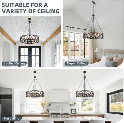 XINGQI 32.3" Large Drum Chandelier Farmhouse Black 8 Light Modern Rustic Pendant Lighting Fixture for Living Room Dining Room Kitchen Island Bar Office