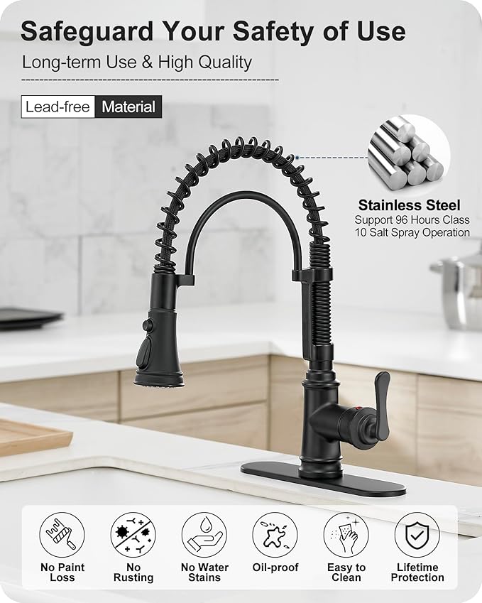 3-Function Kitchen Faucets with Pull Down Sprayer, 1 Hole or 3 Hole Kitchen Faucet Black, 1 Handle Kitchen Sink Faucets, 360 Degree Swivel Stainless Steel Faucet for Kitchen Sink with Deck Plate