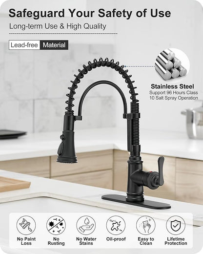 3-Function Kitchen Faucets with Pull Down Sprayer, 1 Hole or 3 Hole Kitchen Faucet Black, 1 Handle Kitchen Sink Faucets, 360 Degree Swivel Stainless Steel Faucet for Kitchen Sink with Deck Plate