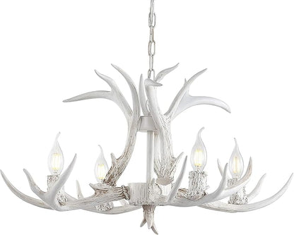 JONATHAN Y 26" White Rustic Resin Antler 4-Light LED Chandelier, Farmhouse Faux Deer Horn Hanging Ceiling Light for Dining Room, Kitchen Island, Adjustable Light Fixture (JYL6301B)