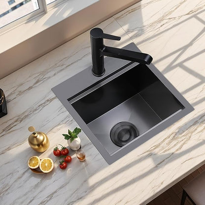 VCCUCINE Gunmetal Black Bar Sink Drop in, 15x15 Inch Topmount RV Small Kitchen Sink, 16 Gauge Stainless Steel Wet Bar Sink, Top Mount Outdoor Single Bowl Prep Sink with Cutting Board & Strainer