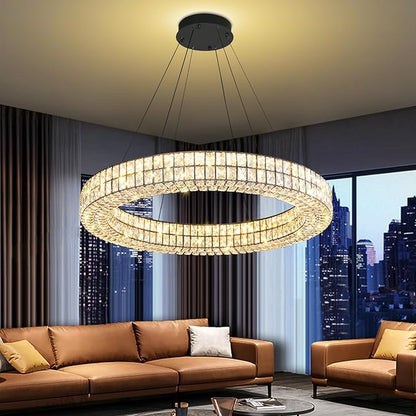 Modern Led Ring Chandelier Dimmable Crystal Chandelier for Living Room Dining Room 32 inch Black Adjustable Ring Pendant Light