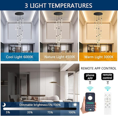 12-Lights Chandelier LED Dimmable Chandeliers for Entryway Flush Mount Ceiling Pendant Light Fixture Crystal Chandeliers for Living Room Black Finished Lighting Modern High Ceiling Chandelier
