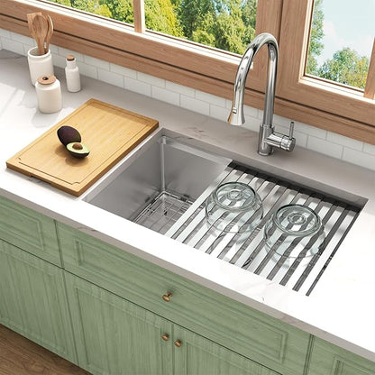 LQS 28 Inch Undermount Kitchen Sink, 28" x 18" x 10" Deep Single Bowl Kitchen Sink, 16 Gauage Stainless Steel Material, Workstation Ledge With R10 Round Corner And Abundant Accessories