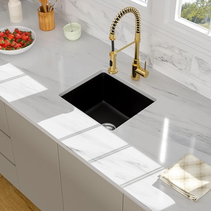 18 Black Granite Composite Bar Sink - 18x16 Undermount Granite Quartz Kitchen Sink Matte Black 9 Inch Depth Small Signle Bowl RV Sinks Under Counter