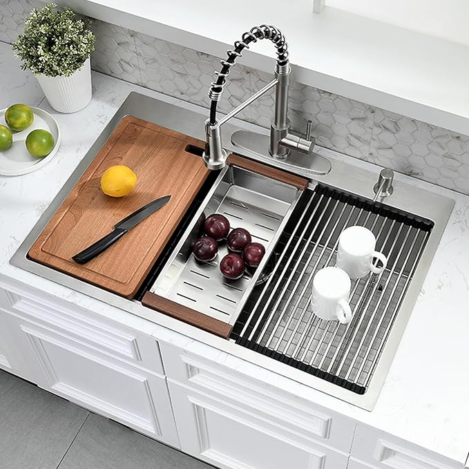 28x22 Drop In Kitchen Sink and Faucet Combo Set - 28 Inch Drop In Kitchen Sink Single Bowl, Stainless Steel 10 Inch Deep Workstation Drop-in Sinks with Accessories