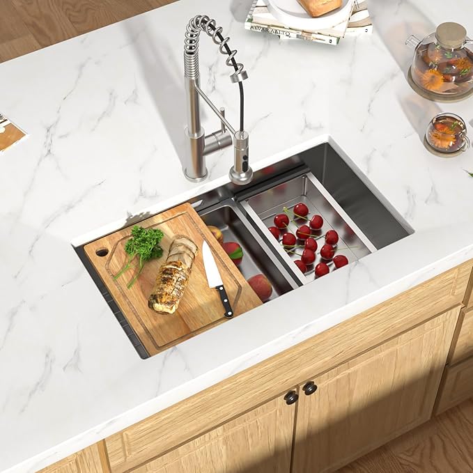 30 Inch Undermount Kitchen Sink, 16 Gauge 304 Stainless Steel Single Bowl Workstation Sink with Cutting Board, Colander, Wash Basin, Drying Rack & Bottom Grid #TLU-0030