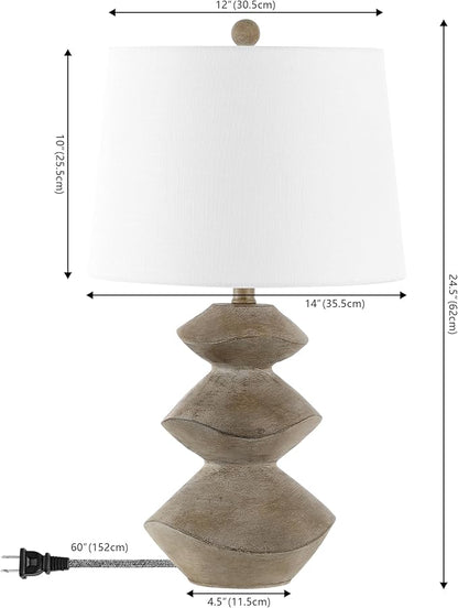 JONATHAN Y 24.5" Brown Wood Finish Coastal 3-Stack Cairn LED Table Lamp for Living Room, White Linen Shade, Rustic Mid-Century Modern Bedside Lamp for Bedroom Office JYL4061A