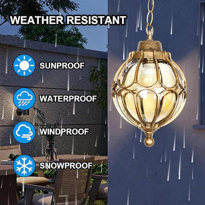 Outdoor Pendant Light Fixtures For Porch, Waterproof Exterior Lantern Glass Vintage Hanging Ceiling Light Retro Aluminum Outside Chandelier For Porch Patio Entryway Farmhouse (27cm/10.6",Gold)