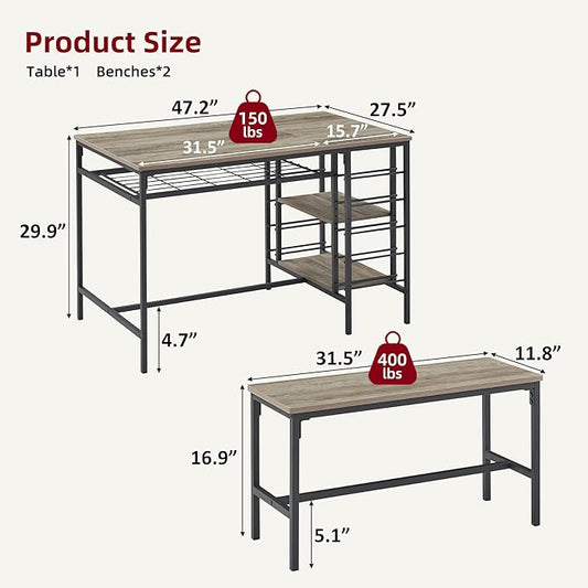 Garvee Dining Table Set for 4, Kitchen Table Set for 4 with 2 Benches, 3 Piece Dining Room Table Set for Small Space Apartment, Grey