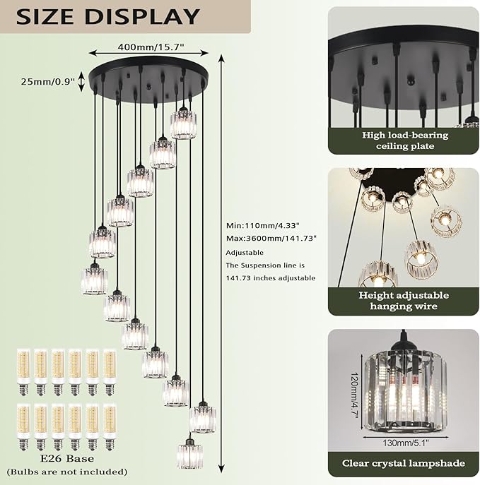 Long Chandeliers for High Ceilings Raindrop Crystal Chandelier for High Ceilings, Modern Staircase Foyer Crystal Pendant Light Raindrop Drop Lamp Chandelier for Entryway 12-Light Black