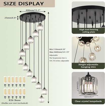 Long Chandeliers for High Ceilings Raindrop Crystal Chandelier for High Ceilings, Modern Staircase Foyer Crystal Pendant Light Raindrop Drop Lamp Chandelier for Entryway 12-Light Black
