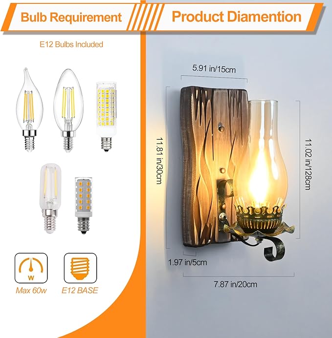 Rustic Wall Sconces Sets of 2, Oil Rubbed Bronze Wall Sconce Indoor Retro Wall Lamps with Amber Glass E12 Wood Bedside Wall Light Fixture for Hallway Living Room Bedroom Fireplace