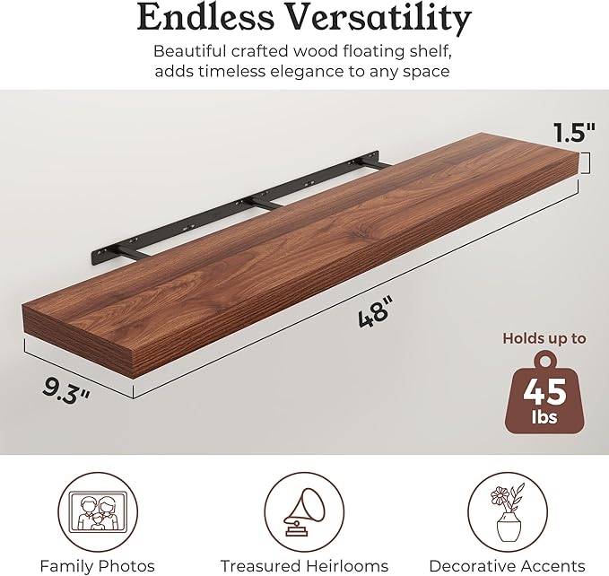 Floating Shelves for Wall, 9.3" Deep Wall Mounted Wood Shelves for Bathroom, Bedroom, Living Room, Kitchen, Hanging Shelf for Books/Storage/Room Decor (Walnut, 48")