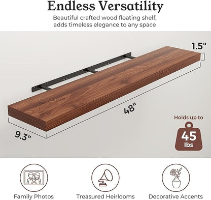 Floating Shelves for Wall, 9.3" Deep Wall Mounted Wood Shelves for Bathroom, Bedroom, Living Room, Kitchen, Hanging Shelf for Books/Storage/Room Decor (Walnut, 48")