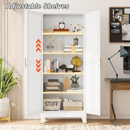 winiowa Metal Pantry Cabinet with 2 Doors and Adjustable Shelves - 71" Kitchen Storage Cabinet with Gold Handles - Versatile Storage for Kitchen, Bathroom, Dining Room, Utility Room - White