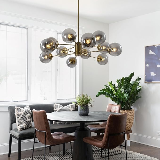 KCO Lighting Modern Large Sputnik Chandelier Gold Sputnik Ceiling Light Fixture 12-Lights Smoke Glass Globe Flush Mount Chandelier Mid Century Round Dining Room Chandelier