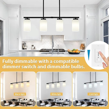 Modern Island Lights for Kitchen, Black Dining Room Light Fixtures, 4-Light Farmhouse Linear Chandeliers Over Table White Frosted Glass Adjustable Hanging Light Kitchen Pendant Lighting Over Island