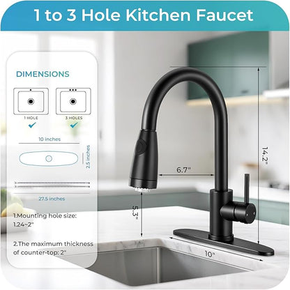 LED Kitchen Faucet with Pull Down Sprayer - Matte Black Single Handle Kitchen Faucets, High Arc Stainless Steel Pull Out Kitchen Sink Faucet with Deck for RV Laundry Farmhouse Bar