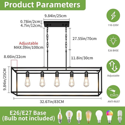 5-Light Rustic Farmhouse Chandelier, Rectangular Metal Kitchen Island Pendant Lighting Fixtures, Black Industrial Linear Hanging Light for Dining Room, Entryway, Foyer, Bar, Living Room