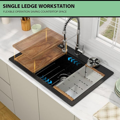 33 Granite Composite Kitchen Sink - Beslend 33x22 Drop In Black Kitchen Sink with High Pressure Glass Rinser, Granite Composite Worksation Black Sinks Easy Clean Quartz Basin for Kitchen Remodel