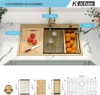 33 Gold Drop In Kitchen Sink - Kichae 33x22 Gold Brushed Stainless Steel Drop Sink 16 Gauge Ledge Workstation Single Bowl Topmount Overmount Handmade Basin with Cutting Board