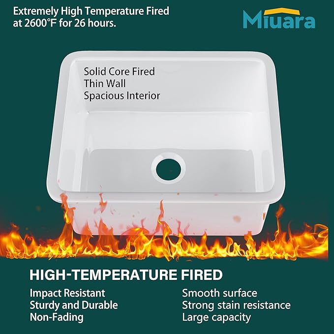 Miuara White Undermount Kitchen Sink 24 Inch - Small Topmount Fireclay Bar Sink Drop In 24"x19"x11", Dual Mount Deep Single Bowl, w 2 Accessories, Glossy White, for Kitchen & Laundry & Small Space