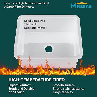 Miuara White Undermount Kitchen Sink 24 Inch - Small Topmount Fireclay Bar Sink Drop In 24"x19"x11", Dual Mount Deep Single Bowl, w 2 Accessories, Glossy White, for Kitchen & Laundry & Small Space