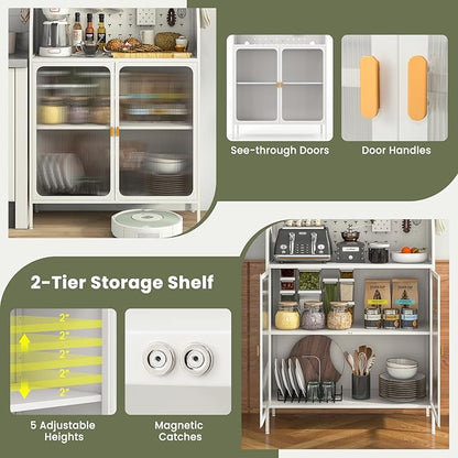 Giantex Pantry Organizers and Storage, 63.5" H Kitchen Buffet Cabinet with Hutch, Pegboard, 8 Hooks & 1 Hanging Storage Box, Standing Bakers Rack with Flip-up PC Doors, Tool-Free Assembly (White)