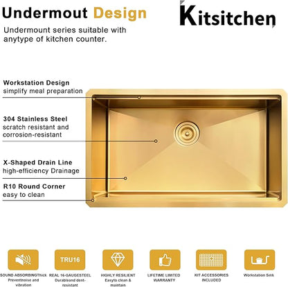 Kitsitchen Gold Kitchen Sink, 32 Inch Gold Undermount Kitchen Sink, 16 Gauge Stainless Steel Undermount Kitchen Sink,10 Inch Deep Single Bowl Kitchen Sinks with Practical Accessories, R10 Round Corner