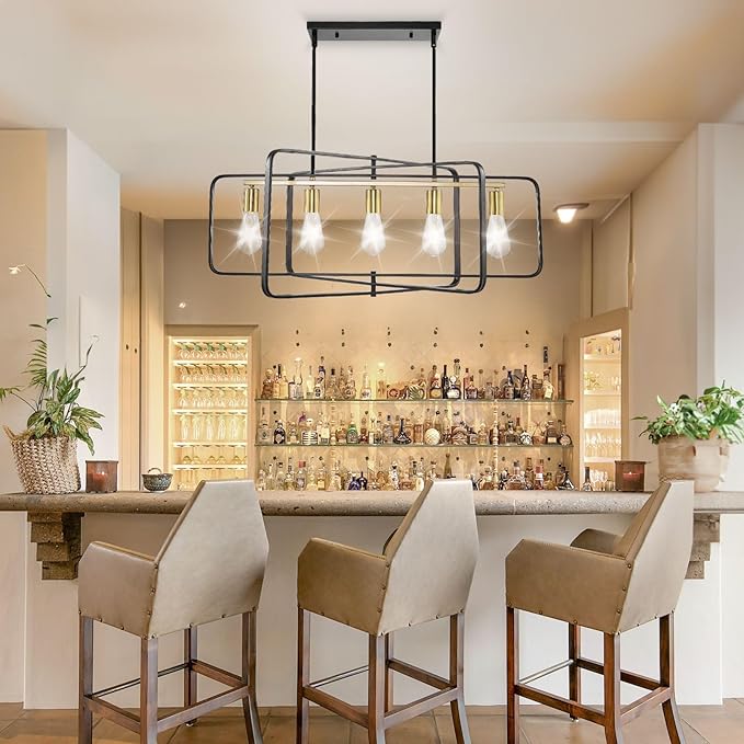 WJShome Farmhouse Chandelier, 5-Light Dining Room Light Fixture Over Table, Hanging Pendant Lights Kitchen Island Linear Chandelier, Black and Gold Rustic Chandeliers for Dining Room