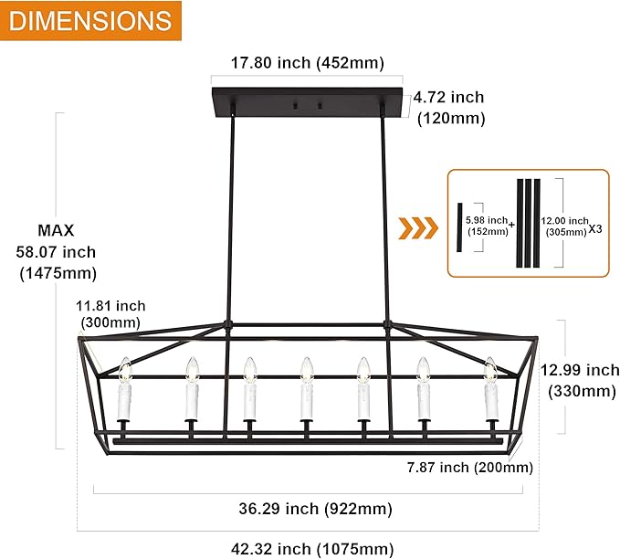 VINLUZ 7 Light Dining Room Chandelier in Black and White Finish,E12 Classic Kitchen Island Pendant Lighting Fixture Adjustable Height for Living Room Bedroom