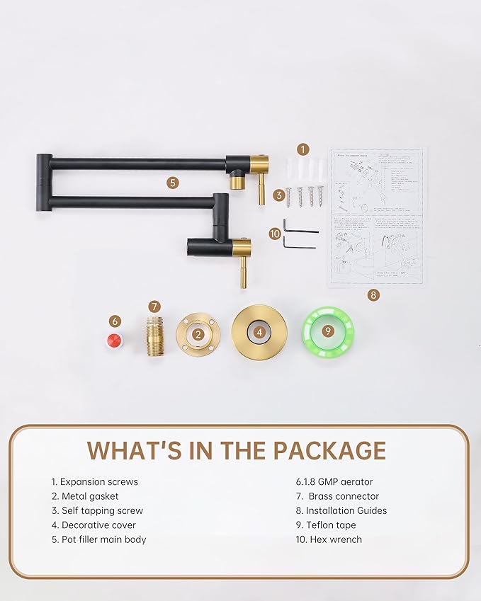 Fransiton Black & Gold Pot Filler, Pot Filler Faucet Wall Mount, Brass Folding Stretchable with Double Joint Swing Arm Single Hole Two Handles Kitchen Restaurant
