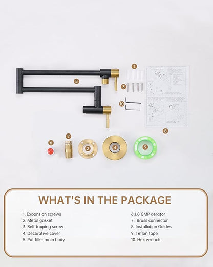 Fransiton Black & Gold Pot Filler, Pot Filler Faucet Wall Mount, Brass Folding Stretchable with Double Joint Swing Arm Single Hole Two Handles Kitchen Restaurant