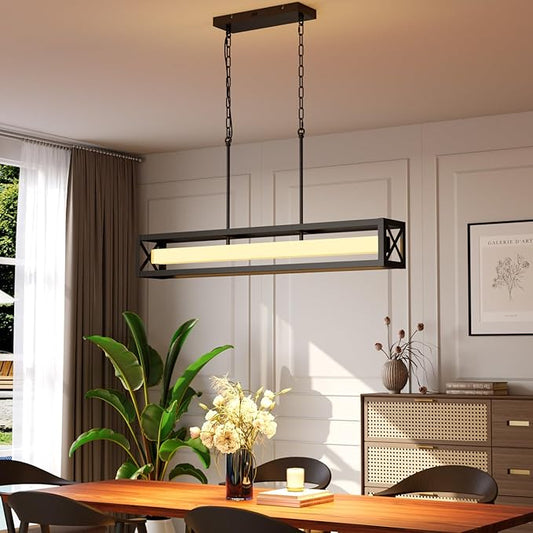 39.4" Farmhouse Kitchen Island Lighting, 34W Black Dining Room Light Fixture Over Table, LED Dimmable Rectangular Chandeliers for Dining Room, Industrial Linear Pendant Light with Remote