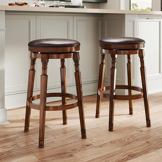 Giantex Swivel Bar Stools Set of 2, 29" Bar Height Bar Stools w/Faux Leather Padded Seat, Footrests, Solid Wooden Frame, Farmhouse Backless Barstools for Kitchen Island, Pub, Dining Room, Cafe