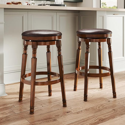 Giantex Swivel Bar Stools Set of 2, 29" Bar Height Bar Stools w/Faux Leather Padded Seat, Footrests, Solid Wooden Frame, Farmhouse Backless Barstools for Kitchen Island, Pub, Dining Room, Cafe