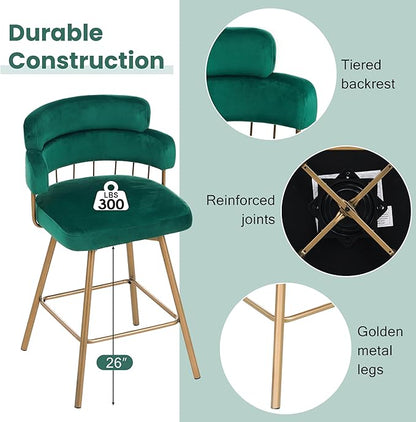 26" Counter Height Bar Stools Set of 2, 180° Swivel Upholstered Bar stools with Backs and Metal Legs, Bar Stools for Kitchen Island, Cafe, Pub,Green