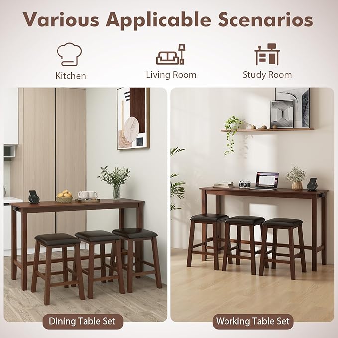 Giantex Dining Table Set, Kitchen Table Set, 4-Piece Counter Height Dining Set with 3 Upholstered Stools, Power Socket, Bar Table and Chairs Set for Small Space, Living Room, Dining Room Table Set