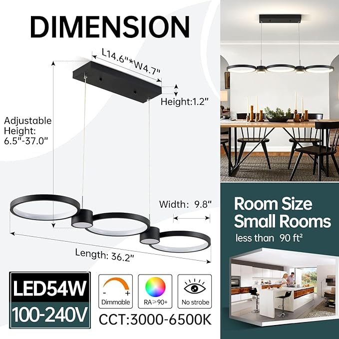 Modern LED Chandelier Light, 3000-6500K Dimmable Modern Pendant Light Fixture with Remote Control, Height-Adjustable Island Light Ceiling Hanging for Dining Room Kitchen (Black, 3Ring- 36IN)
