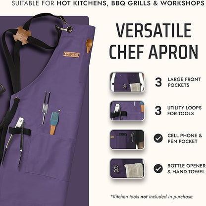 Asaya Chef and BBQ Apron with Bottle Opener and Hand Towel - 10oz Cotton Canvas, Stainless Steel Hardware - Cross Back Straps