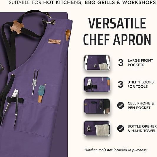 Asaya Chef and BBQ Apron with Bottle Opener and Hand Towel - 10oz Cotton Canvas, Stainless Steel Hardware - Cross Back Straps