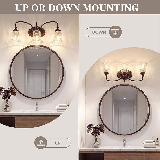 3-Light Bathroom Light Fixtures Vintage Oil Rubbed Bronze Vanity Lights Over Mirror with Floral Glass Shade for Bathroom Powder Room, Living Room Hallway