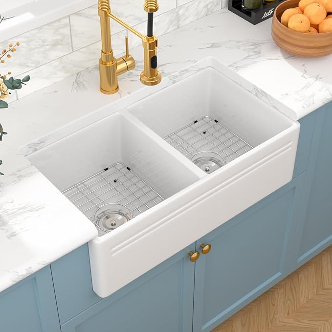 Sarlai 33 White Farmhouse Sink Double Bowl - 33x18 Inch Kitchen Sink Apron Front Double Bowl 50/50 White Porcelain Ceramic Fireclay Kitchen Farm Sinks